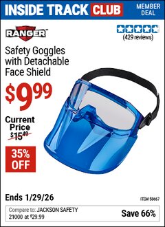 Harbor Freight ITC Coupon RANGER SAFETY GOGGLES WITH DETACHABLE FACE SHIELD Lot No. 58667 Valid Thru: 1/29/26 - $9.99