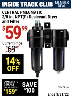 Harbor Freight ITC Coupon CENTRAL PNEUMATIC 3/8 IN. NPT(F) DESICCANT DRYER AND FILTER Lot No. 58180 Expired: 3/31/22 - $59.99