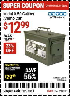 Harbor Freight Coupon BUNKER HILL SECURITY 0.50 CALIBER AMMO BOX Lot No. 57766 Expired: 7/30/23 - $12.99
