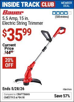 Harbor Freight ITC Coupon BAUER 5.5 AMP, 15 IN. ELECTRIC STRING TRIMMER Lot No. 57610 Valid Thru: 5/28/26 - $35.99