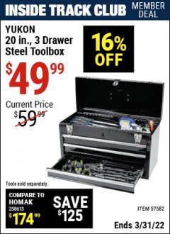Harbor Freight ITC Coupon YUKON 20 IN. 3-DRAWER STEEL TOOLBOX Lot No. 57582 Expired: 3/31/22 - $49.99