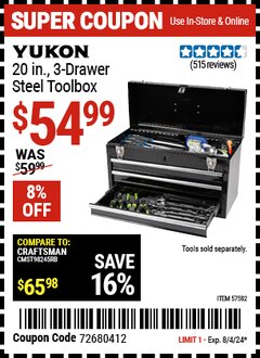 Harbor Freight Coupon YUKON 20 IN. 3-DRAWER STEEL TOOLBOX Lot No. 57582 Expired: 8/4/24 - $54.99