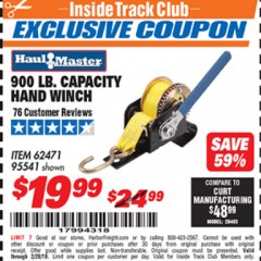Harbor Freight ITC Coupon 900 LB. CAPACITY HAND WINCH Lot No. 62471/95541 Expired: 2/28/19 - $19.99