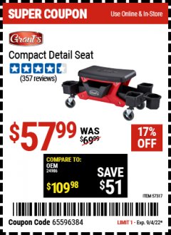 Harbor Freight Coupon GRANT'S COMPACT DETAIL SEAT Lot No. 57317 Expired: 9/4/22 - $57.99