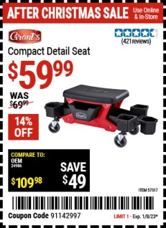 Harbor Freight Coupon GRANT'S COMPACT DETAIL SEAT Lot No. 57317 Expired: 1/8/23 - $59.99