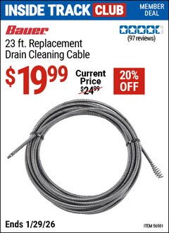 Harbor Freight ITC Coupon BAUER 23 FT. REPLACEMENT DRAIN CLEANING CABLE Lot No. 56901 Valid Thru: 1/29/26 - $19.99