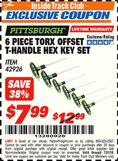 Harbor Freight ITC Coupon 6 PIECE TORX OFFSET T-HANDLE HEX KEY SET Lot No. 42926 Expired: 7/31/18 - $7.99