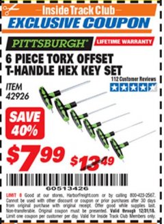 Harbor Freight ITC Coupon 6 PIECE TORX OFFSET T-HANDLE HEX KEY SET Lot No. 42926 Expired: 12/31/18 - $7.99