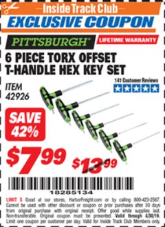 Harbor Freight ITC Coupon 6 PIECE TORX OFFSET T-HANDLE HEX KEY SET Lot No. 42926 Expired: 4/30/19 - $7.99