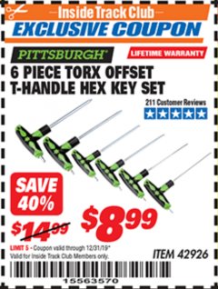 Harbor Freight ITC Coupon 6 PIECE TORX OFFSET T-HANDLE HEX KEY SET Lot No. 42926 Expired: 12/31/19 - $8.99