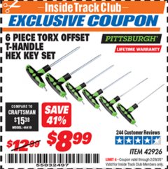 Harbor Freight ITC Coupon 6 PIECE TORX OFFSET T-HANDLE HEX KEY SET Lot No. 42926 Expired: 2/29/20 - $8.99