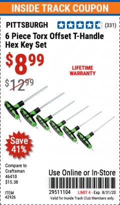 Harbor Freight ITC Coupon 6 PIECE TORX OFFSET T-HANDLE HEX KEY SET Lot No. 42926 Expired: 8/31/20 - $8.99