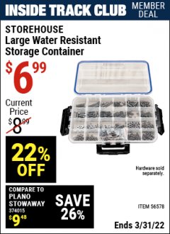 Harbor Freight ITC Coupon STOREHOUSE LARGE WATER RESISTANT STORAGE CONTAINER Lot No. 56578 Expired: 3/31/22 - $6.99
