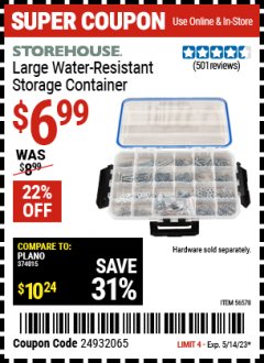 Harbor Freight Coupon STOREHOUSE LARGE WATER RESISTANT STORAGE CONTAINER Lot No. 56578 Expired: 5/14/23 - $6.99