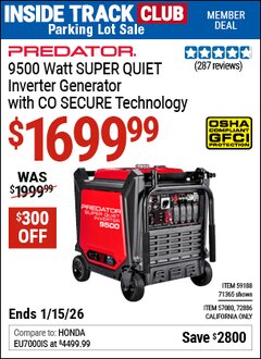 Harbor Freight ITC Coupon PREDATOR 9500 WATT SUPER QUIET INVERTER GENERATOR WITH CO SECURE TECHNOLOGY Lot No. 57080 Expired: 1/15/26 - $1699.99