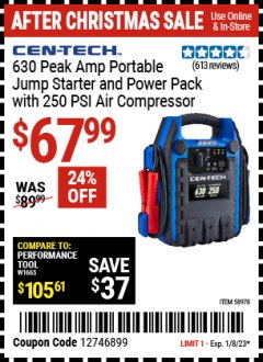 Harbor Freight Coupon CEN-TECH 630 PEAK AMP PORTABLE JUMP STARTER AND POWER PACK WITH 250 PSI AIR COMPRESSOR Lot No. 58978  Expired: 1/8/23 - $67.99