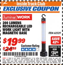 Harbor Freight ITC Coupon RECHARGEABLE 40 WATT LED WORK LIGHT WITH MAGNETIC BASE Lot No. 62529/94668 Expired: 7/31/18 - $19.99