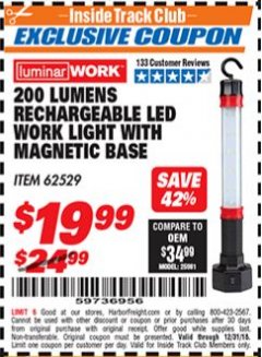 Harbor Freight ITC Coupon RECHARGEABLE 40 WATT LED WORK LIGHT WITH MAGNETIC BASE Lot No. 62529/94668 Expired: 12/31/18 - $19.99