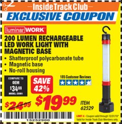 Harbor Freight ITC Coupon RECHARGEABLE 40 WATT LED WORK LIGHT WITH MAGNETIC BASE Lot No. 62529/94668 Expired: 12/31/19 - $19.99