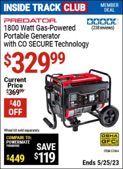 Harbor Freight ITC Coupon PREDATOR 1800 WATT GAS-POWERED PORTABLE GENERATOR WITH CO SECURE TECHNOLOGY Lot No. 57064/71341/59187/72903 Expired: 5/25/23 - $329.99