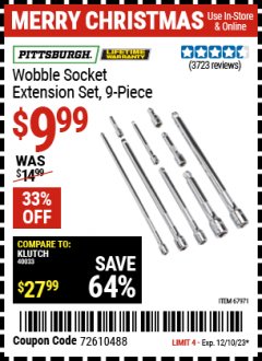 Harbor Freight Coupon PITTSBURGH WOBBLE SOCKET EXTENSION SET 9 PC. Lot No. 67971 Expired: 12/10/23 - $9.99