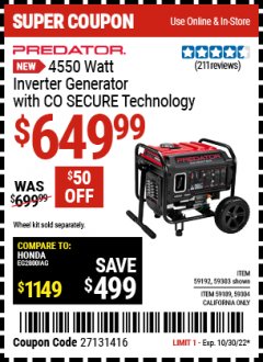 Harbor Freight Coupon PREDATOR 4550 WATT INVERTER GENERATOR WITH CO SECURE TECHNOLOGY Lot No. 59303 Expired: 10/30/22 - $649.99