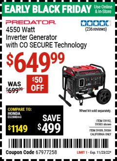 Harbor Freight Coupon PREDATOR 4550 WATT OPEN-FRAME INVERTER GENERATOR WITH CO SECURE TECHNOLOGY Lot No. 59192/59189/59303/59304/72936 Expired: 11/23/22 - $649.99
