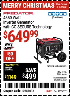 Harbor Freight Coupon PREDATOR 4550 WATT INVERTER GENERATOR WITH CO SECURE TECHNOLOGY Lot No. 59303 Expired: 12/26/22 - $649.99