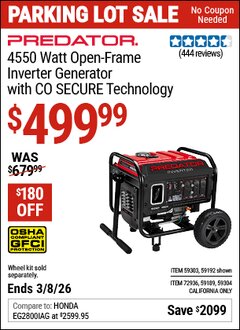 Harbor Freight Coupon PREDATOR 4550 WATT OPEN-FRAME INVERTER GENERATOR WITH CO SECURE TECHNOLOGY, 49-STATE COMPLIANT Lot No. 59192/59189/59303/59304/72936 Expired: 3/8/26 - $499.99