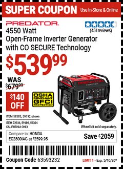 Harbor Freight Coupon PREDATOR 4550 WATT OPEN-FRAME INVERTER GENERATOR WITH CO SECURE TECHNOLOGY Lot No. 59192/59189/59303/59304/72936 Valid Thru: 5/10/26 - $539.99