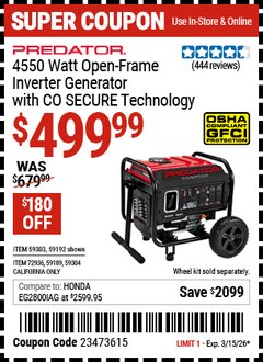 Harbor Freight Coupon PREDATOR 4550 WATT OPEN-FRAME INVERTER GENERATOR WITH CO SECURE TECHNOLOGY, 49-STATE COMPLIANT Lot No. 59192/59189/59303/59304/72936 Expired: 3/15/26 - $499.99