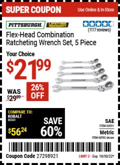 Harbor Freight Coupon FLEX-HEAD COMBINATION RATCHETING WRENCH SET, 5 PC. Lot No. 60591, 61710, 60592 Expired: 10/30/22 - $21.99