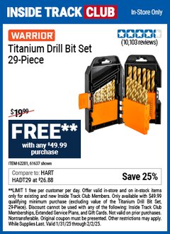 Harbor Freight FREE Coupon WARRIOR TITANIUM DRILL BIT SET 29PC Lot No. 62281/61637 Expired: 2/2/25 - FWP