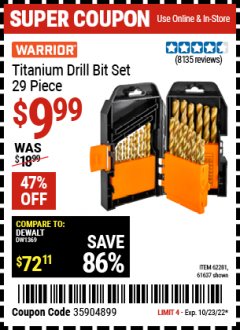 Harbor Freight Coupon WARRIOR TITANIUM DRILL BIT SET 29PC Lot No. 62281, 61637 Expired: 10/23/22 - $9.99