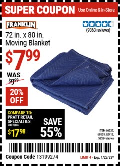 Harbor Freight Coupon 72 IN. X 80 IN. MOVING BLANKET Lot No. 58324 69505 62418 66537 Expired: 1/22/22 - $7.99