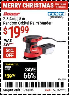 Harbor Freight Coupon BAUER 2.8 AMP, 5 IN. RANDOM ORBITAL PALM SANDER Lot No. 63999 Expired: 12/26/22 - $19.99