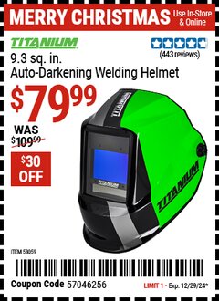 Harbor Freight Coupon TITANIUM 9.3 SQ. IN. AUTO-DARKENING WELDING HELMET Lot No. 58059 Expired: 12/29/24 - $79.99