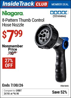 Harbor Freight ITC Coupon NIAGARA 8-PATTERN THUMB CONTROL HOSE NOZZLE Lot No. 58453 Valid Thru: 7/30/26 - $7.99