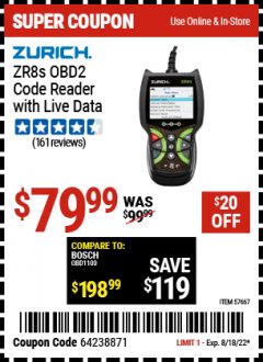 Harbor Freight Coupon ZURICH ZR13S OBD2 CODE READER WITH ABS/SRS/FIXASSIST Lot No. 57666 Expired: 8/18/22 - $79.99
