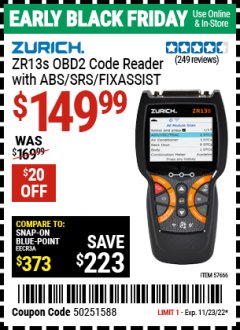 Harbor Freight Coupon ZURICH ZR13S OBD2 CODE READER WITH ABS/SRS/FIXASSIST Lot No. 57666 Expired: 11/23/22 - $149.99