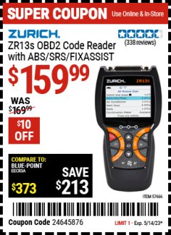 Harbor Freight Coupon ZURICH ZR13S OBD2 CODE READER WITH ABS/SRS/FIXASSIST Lot No. 57666 Expired: 5/14/23 - $15