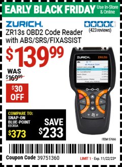 Harbor Freight Coupon ZURICH ZR13S OBD2 CODE READER WITH ABS/SRS/FIXASSIST Lot No. 57666 Expired: 11/14/23 - $139.99