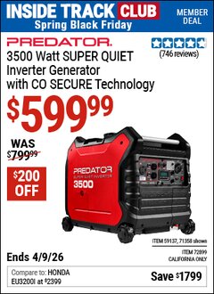 Harbor Freight ITC Coupon PREDATOR 3500 WATT SUPER QUIET INVERTER GENERATOR WITH CO SECURE TECHNOLOGY Lot No. 71358/59137/72899 Expired: 4/9/26 - $599.99