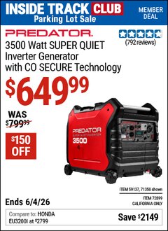 Harbor Freight ITC Coupon PREDATOR 3500 WATT SUPER QUIET INVERTER GENERATOR WITH CO SECURE TECHNOLOGY Lot No. 71358/59137/72899 Expired: 6/4/26 - $649.99