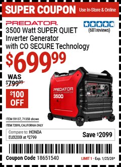Harbor Freight Coupon PREDATOR 3500 WATT SUPER QUIET INVERTER GENERATOR WITH CO SECURE TECHNOLOGY, EPA Lot No. 71358/59137/72899 Expired: 1/25/26 - $699.99