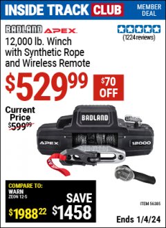 Harbor Freight ITC Coupon BADLAND APEX 12,000 LB WINCH WITH SYNTHETIC ROPE AND WIRELESS REMOTE Lot No. 56385 Expired: 1/4/24 - $529.99