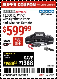 Harbor Freight Coupon BADLAND APEX 12,000 LB WINCH WITH SYNTHETIC ROPE AND WIRELESS REMOTE Lot No. 56385 Expired: 6/1/23 - $599.99