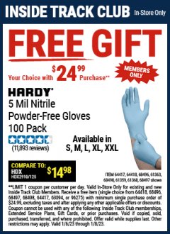 Harbor Freight FREE Coupon HARDY 5 MIL NITRILE POWDER-FREE GLOVES, 100 PC. Lot No. 64417/64418/68496/61363/68498/61359/61360/68497 Expired: 1/8/23 - FWP