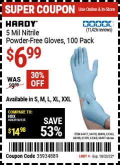 Harbor Freight Coupon HARDY 5 MIL NITRILE POWDER-FREE GLOVES, 100 PC. Lot No. 64417/64418/68496/61363/68498/61359/61360/68497 Expired: 10/23/22 - $6.99