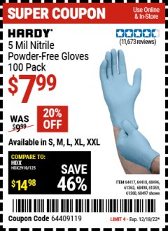 Harbor Freight Coupon HARDY 5 MIL NITRILE POWDER-FREE GLOVES, 100 PC. Lot No. 64417/64418/68496/61363/68498/61359/61360/68497 Expired: 12/18/22 - $7.99